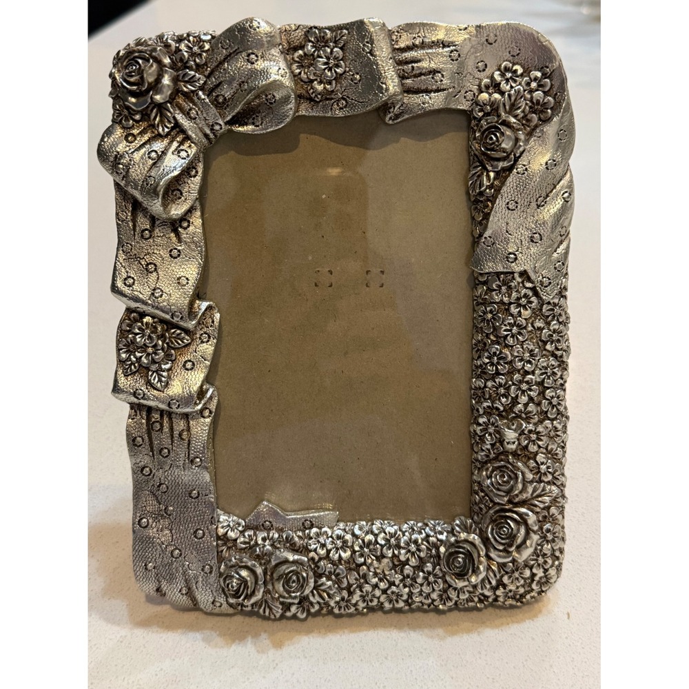 Y2K Ornate Silver Tone Rose and Ribbon Floral Picture Frame Vintage 4x6
